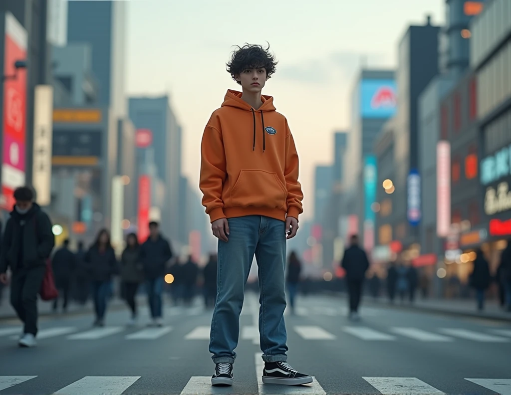((1 chico, 18 years, Alone ,alone, grey eyes, by the unalienated, (grey eyes:1.5), messy hairstyle, DARK hair, White skin, hombre joven de White skin, )), ((Alone, 1 man, extremely detailed, Soft ambient lighting, 4k, Perfect eyes, SERIOUS LOOK, a perfect face, perfect lighting, to 1 boy)), Austere, (Physical aptitude,, well formed body, athletic body, toned body)), (( urban fashion boy, wear orange hoodle, blue jeans, walking on shibuya crossing, good style, good bearing, sneakes vans))