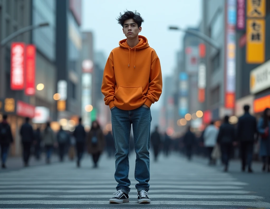 ((1 chico, 18 years, Alone ,alone, grey eyes, by the unalienated, (grey eyes:1.5), messy hairstyle, DARK hair, White skin, hombre joven de White skin, )), ((Alone, 1 man, extremely detailed, Soft ambient lighting, 4k, Perfect eyes, SERIOUS LOOK, a perfect face, perfect lighting, to 1 boy)), Austere, (Physical aptitude,, well formed body, athletic body, toned body)), (( urban fashion boy, wear orange hoodle, blue jeans, walking on shibuya crossing, good style, good bearing, sneakes vans))