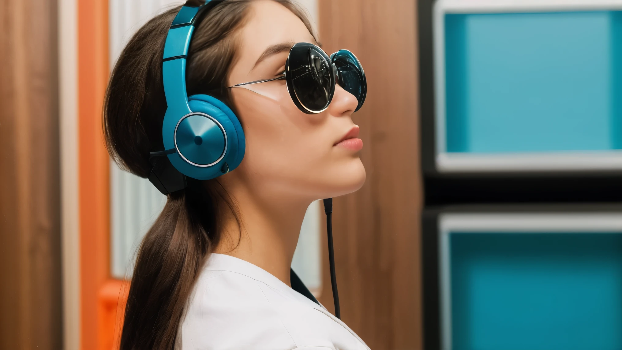 a youg girl studwing with headphones and an orange glass