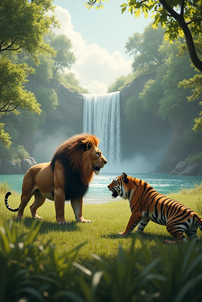 Create an image of a lion facing a tiger on a plain with lush green trees and a lake in the background with a waterfall., make animals more realistic