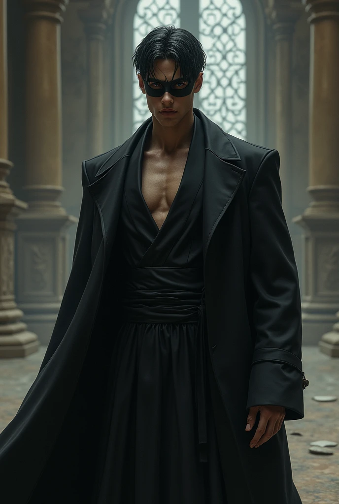 prince. He has a lost look, a sorrow hovers in his soul. She wears a black silk robe that falls over her chest. inside a desolate palace. His hair is black and his eyes look with rage and desire. Aligned eyebrows, straight jaw. toned body, wide back. Short and black hair. with black mask. 