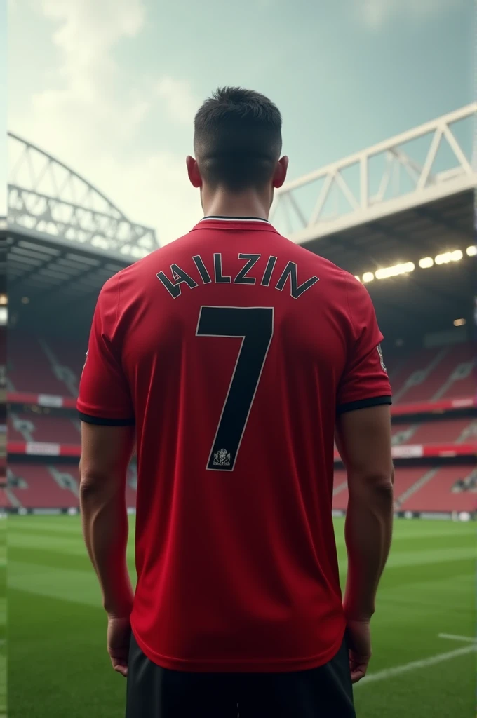 Generate me an image of handsome man standing on old Trafford from behind wearing long sleeved 2008 Manchester United shirt with number 7 and Lazik written on the shirt can be clearly seen