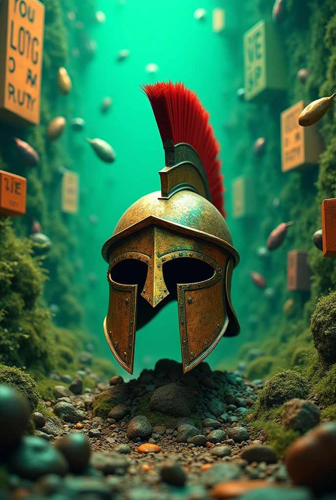 Trojan helmet in a green creative space filled with marketing references (phrases objects symbols )