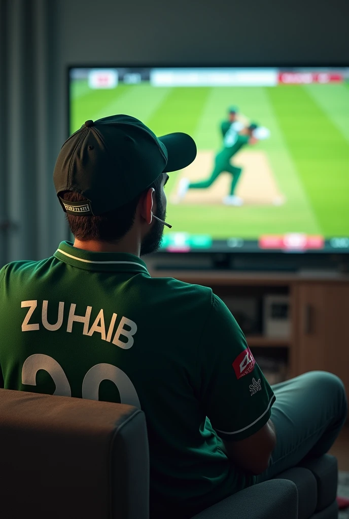 Man with cigarettes watching cricket match in tv wearing Pakistani kit name behind zuhaib