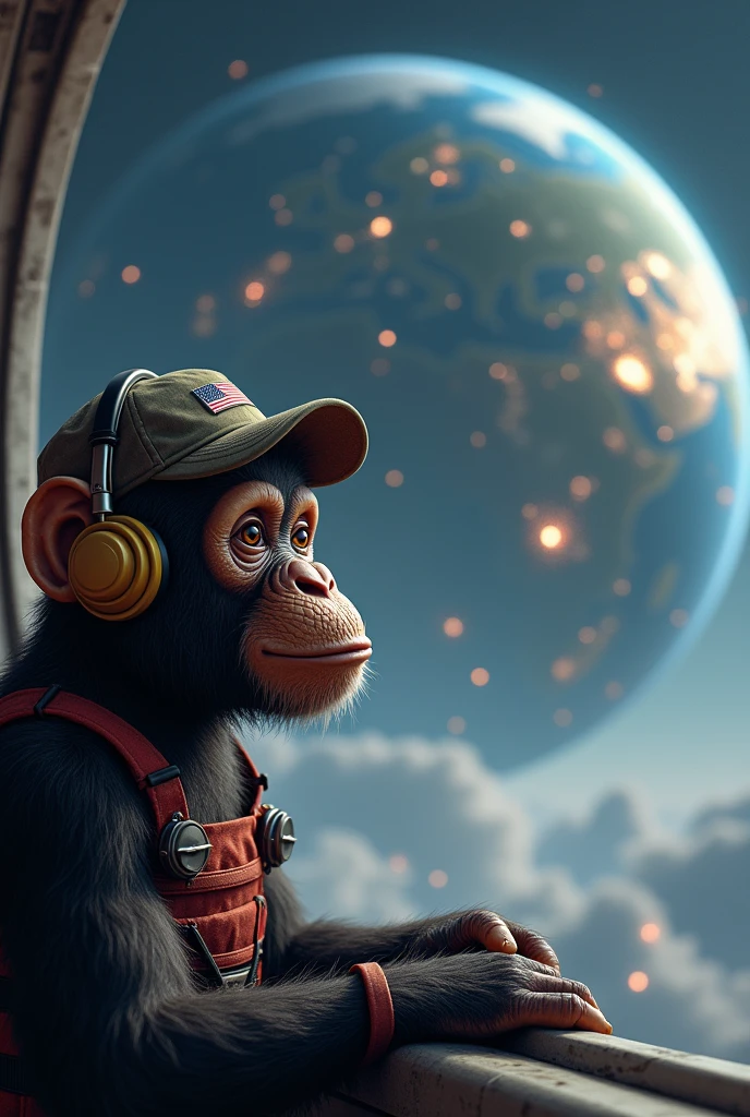Astronaut chimpanzee with cap and headphones watching a technological planet in the distance