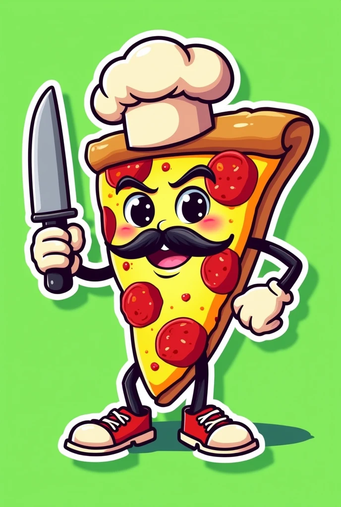 Pizza sticker with mustache and chef hat with feet and hands with knife Green background What does it say "feeling "
Cool Happy Not tender Not anime
