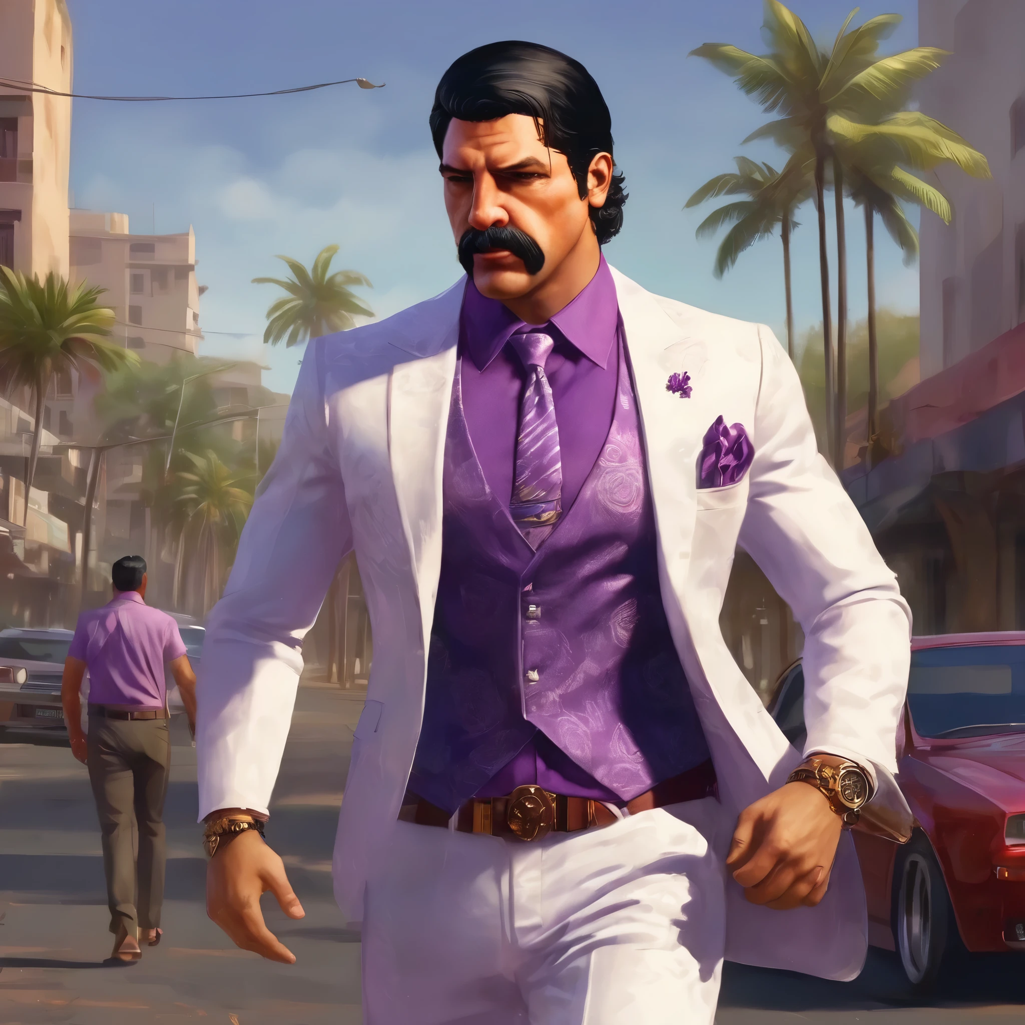 (obra maestra, Mejor calidad:1.2), 1 chico, thenahualli, serious, dangerous man, elegant, elegante, he is a gangster, white suit, purple shirt, walking, outdoor, Hawaii, (((realistic, detailed, photorealistic)))