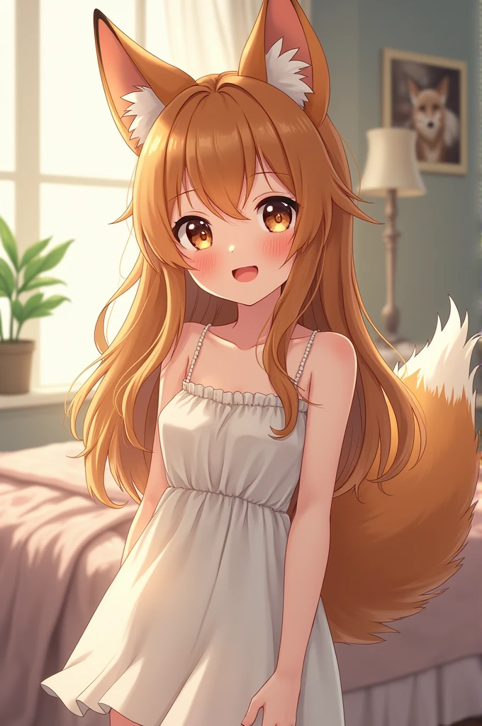 (masterpiece), best quality, expressive eyes, perfect face, fox girl, white, medium breasts, light brown long hair.bright brown fox ears, brown eyes, :3, open mouth, blushing, freckles, full body, cute, happy, shy, wearing a white sundress and a big fluffy light brown fox tail, tail raised, in a bedroom