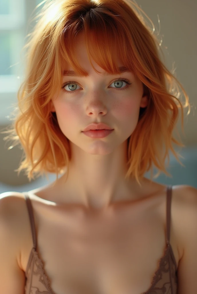 Extremely beautiful girl ,(Extremely cure beauty:1.2),highly clear face,in a bedroom,very cute,phenomenal aesthetic,Amazing photos,Cinematic Lighting,Clear perfect eyes, ginger chin length bob hairstyle,bokeh,Sexy self-confidence,proud and independent,NSFW,flowing light and colorful colors, wearing transparent lingerie, facing camera, full-body shot, silk transparent lingerie (spread your legs 1.4)