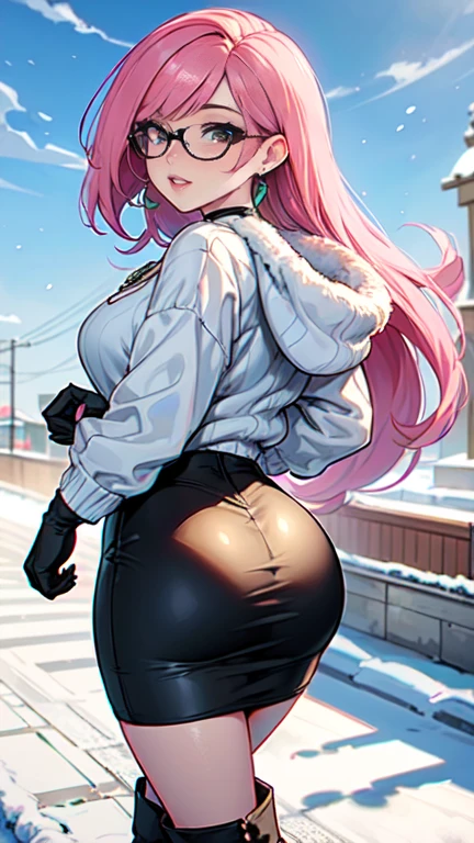 Masterpiece, beautiful art, professional artist, 8k, art style by sciamano240, very detailed face, very detailed hair, very detailed clothes, 1girl, perfectly drawn body, beautiful face, long hair, pink hair , very detailed green vertical eyes, square glasses, pouty lips , rosey cheeks, intricate details in eyes, extreme close up of face, see only head and neck, staring directly at viewer, wearing cute winter clothes, sweater, winter coat, necklace, choker, earrings, gloves, pencil skirt, black tigh boots, wedding ring, big wide grin, in love with the viewer expression, sunny winter setting, walking outside, rear view,