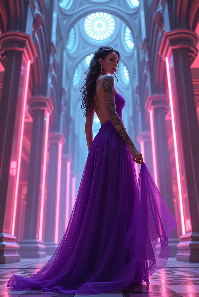 Create a tattooed princess wearing a purple dress in a futuristic neon castle.
