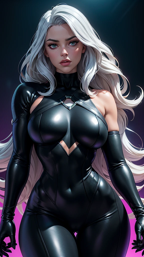 Create a hyper-realistic digital illustration of Black Cat (Felicia Hardy) from Marvel Comics. Depict her in a confident, alluring pose, facing the viewer. Her signature platinum white hair should cascade in voluminous waves around her face and shoulders, with a few strands caught in an imaginary breeze. Dress her in a sleek, black leather catsuit with a plunging neckline trimmed in white fur. The suit should hug her curvaceous figure, emphasizing her athletic build. Include her iconic black domino mask, which accentuates her striking green eyes and full, slightly parted lips. Accessorize with a black choker featuring a silver medallion, and long, white gloves that contrast with the dark suit. Capture the glossy texture of the leather and the soft fluffiness of the fur trim. Set the background as a blurred, neon-lit cityscape at night, with vibrant teals and purples creating a cyberpunk atmosphere. Use dramatic lighting to highlight the contours of her face and body, creating depth and dimensionality. The art style should blend photorealistic rendering techniques with subtle comic book influences, particularly in the dramatic poses and expressions. Pay attention to small details like individual strands of hair, the reflection in her eyes, and the play of light on different textures.