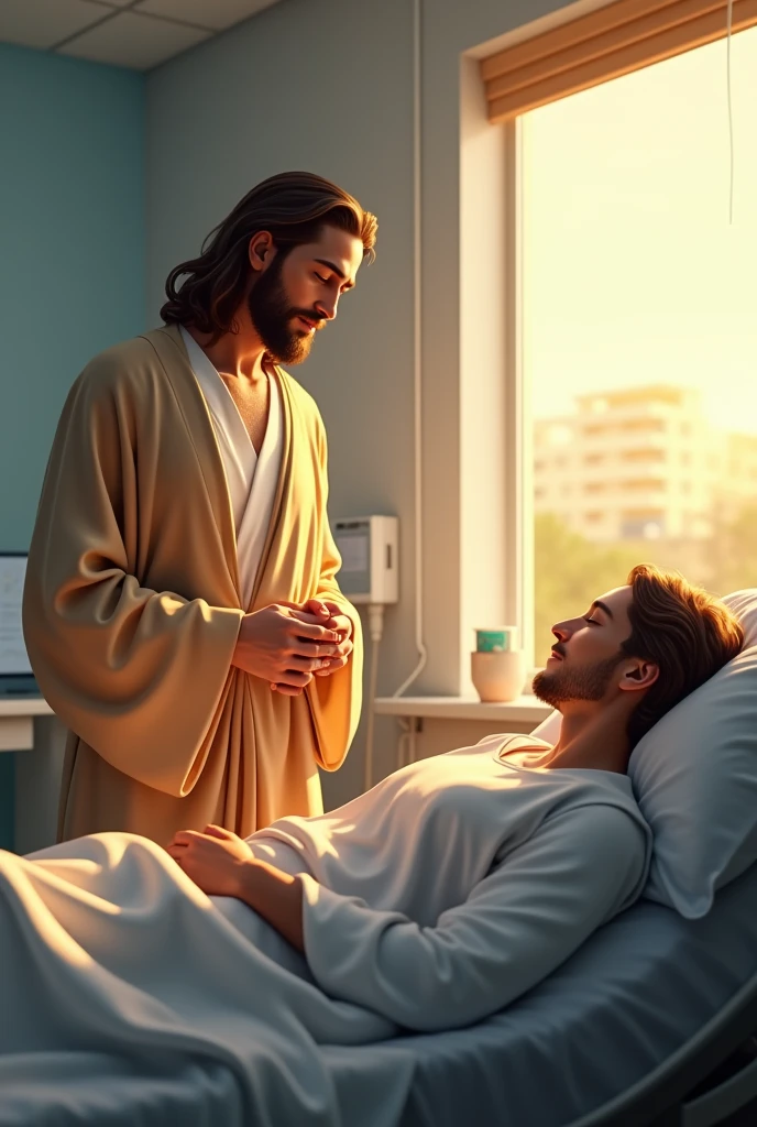 A serene and comforting scene of Jesus visiting a person in a hospital. Jesus is depicted with a gentle, compassionate expression, wearing traditional robes and a soft glow surrounding Him, indicating His divine presence. The patient is lying in a modern hospital bed, connected to medical equipment, with a peaceful look on their face, feeling comforted by the presence of Jesus. The room is softly lit, with some medical equipment in the background, and a window showing a glimpse of a sunny day outside.