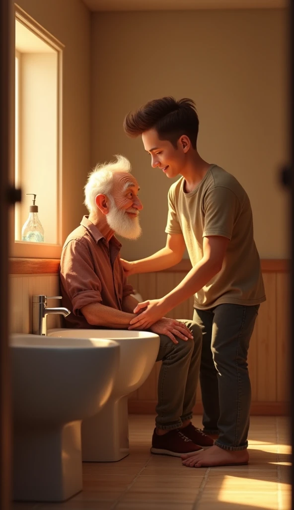 A handsome guy taking his old father to a wash room, pixar style, cinematic, masterpiece, high-aesthetic, portrait