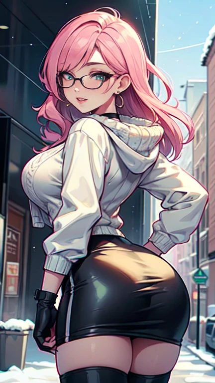 Masterpiece, beautiful art, professional artist, 8k, art style by sciamano240, very detailed face, very detailed hair, very detailed clothes, 1girl, perfectly drawn body, beautiful face, long hair, pink hair , very detailed green vertical eyes, square glasses, pouty lips , rosey cheeks, intricate details in eyes, extreme close up of face, see only head and neck, staring directly at viewer, wearing cute winter clothes, sweater, winter coat, necklace, choker, earrings, gloves, pencil skirt, black tigh boots, wedding ring, big wide grin, in love with the viewer expression, sunny winter setting, walking outside, rear view,