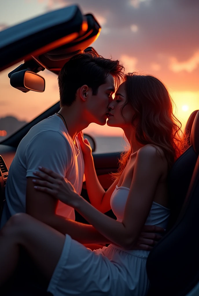 A boy with a hot girl in a car kissing