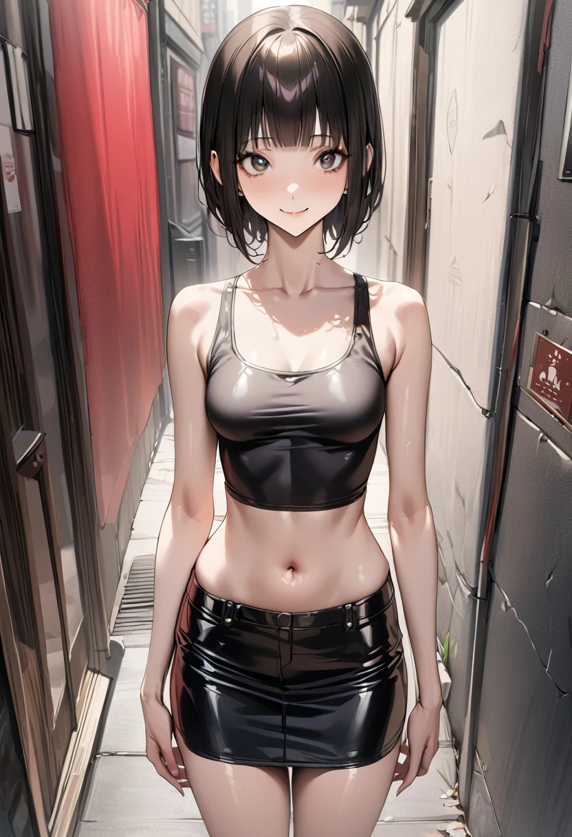 ((masterpiece,best quality anime,Highest quality:1.3)),realistic,upper body,1woman,(30 year old beauty),((very small head:1.4)),((very long body:1.4)),(short bob hair),black hair,(gorgeous big eyes),black eyes,smile,((slender body:1.4,skinny:1.3)),medium breasts(Punk Fashion、Black tank top,navel、Black leather mini skirt),oily skin,gleaming skin,shiny skin,standing,on street,New York City、