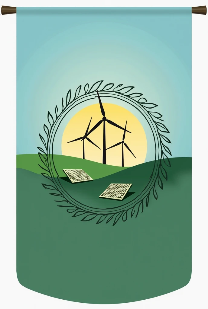 Flag Design Description:
Overall Shape: The flag is rectangular with a 3:2 ratio, creating a balanced and professional appearance suited for various settings.
Primary Colors:
Top Half: Forest Green (#228B22), symbolizing sustainability, nature, and the focus on renewable energy.
Bottom Half: Sky Blue (#87CEEB), representing clean energy, clarity, and the sky, indicative of wind and solar power.
Borders: The flag features a thin border in Earth Brown (#8B4513), reflecting the grounding and natural aspect of the company’s commitment to environmental sustainability.
Central Emblem Placement: The emblem is prominently positioned at the center, making it the focal point of the flag.
Emblem Design:
Core Symbol:
Renewable Energy Icon: The emblem showcases a stylized representation of renewable energy sources:
Wind Turbine: A modern, sleek wind turbine with three blades in a gradient from light green to white. The turbine is placed on the left side of the emblem, symbolizing wind energy.
Solar Panel: A stylized solar panel with a geometric pattern in varying shades of blue and white, placed on the right side of the emblem. The panel represents solar power and clean energy innovation.
Sun: Above the wind turbine and solar panel, a radiant sun in a gradient of yellow and gold is depicted. The sun has subtle rays extending outward, symbolizing solar energy and its far-reaching impact.
Circular Frame:
Design: The wind turbine, solar panel, and sun are enclosed within a circular frame in Earth Brown. The circle is slightly embossed, creating a 3D effect that emphasizes unity and wholeness in the company’s approach to renewable energy.
Pattern: The circular frame features a subtle pattern of interlocking leaf motifs or vines, representing growth, sustainability, and the natural world.
Surrounding Elements:
Base Element: The emblem has a base of rolling hills in dark green and light brown, symbolizing the land and the natural resources the company is committed to protecting