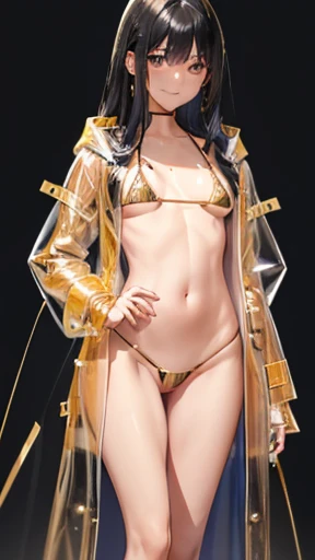 Honor student,Beautiful black hair,long hair,(Straight Hair),high school girl,(boyish),Dark Eyes,(tall),((Slim body)),Muscular,((A confident smile)),Medium Bust,Gold earrings,(((Transparent raincoat))),(((Sexy gold micro bikini)))