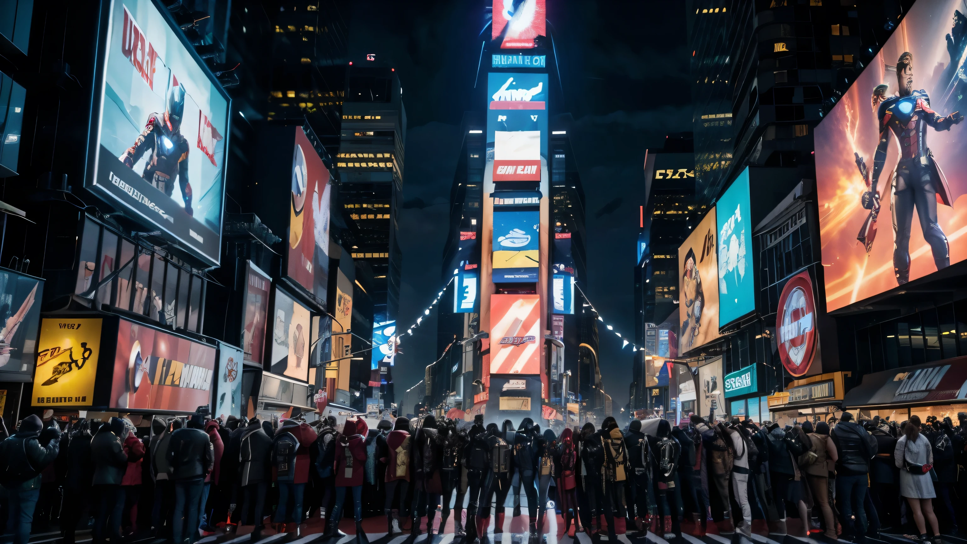 A group of Marvel superhero characters, including Iron Man, Captain America, Thor, and others, standing in Times Square Saluting and looking intently at a large screen, high-quality 8k, realistic, cinematic lighting, dynamic action pose, urban city environment, neon lights, photorealistic, masterpiece