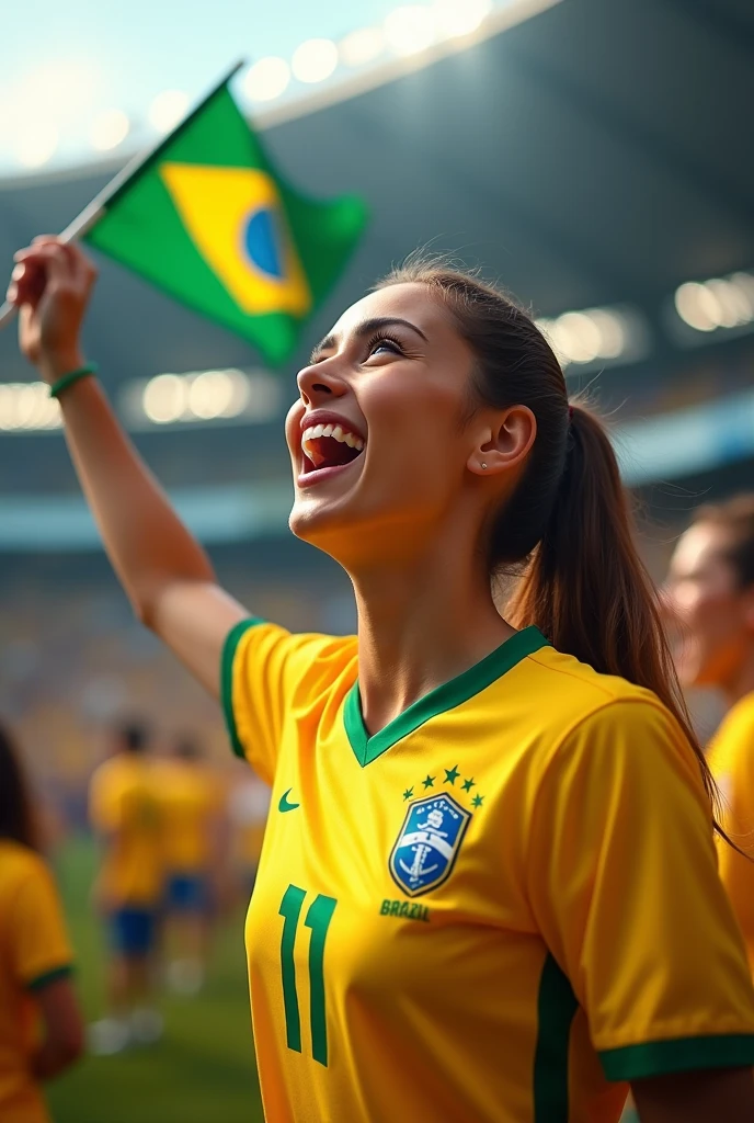 A Brazilian woman in a stadium wearing a Brazilian shirt, a 5 fanatic fan