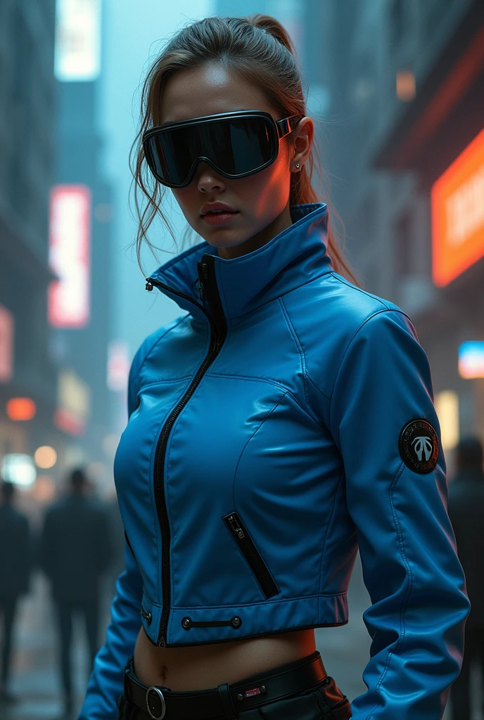 realistic full body woman with futuristic with blue jacket and safety black cyberpunk visor with futuristic design