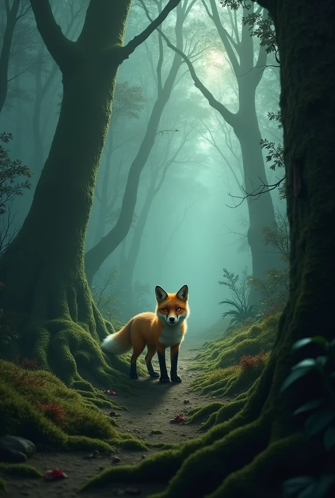 The forest, that seemed familiar to him before, Now he looked strange and confused. 
Fox felt a little scared and started walking., looking for some sign that would guide him back.