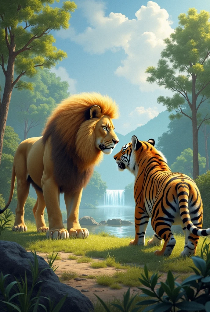 Create an image of a lion facing a tiger on a plain with lush green trees and a lake in the background with a waterfall., make animals more realistic, fix the lion's tail
