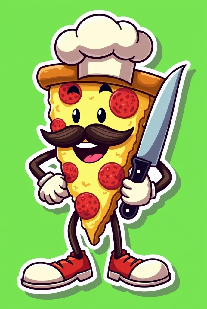 Pizza sticker with mustache and chef hat with feet and hands with knife Green background What does it say "feeling "
Cool Happy Not tender Not anime
