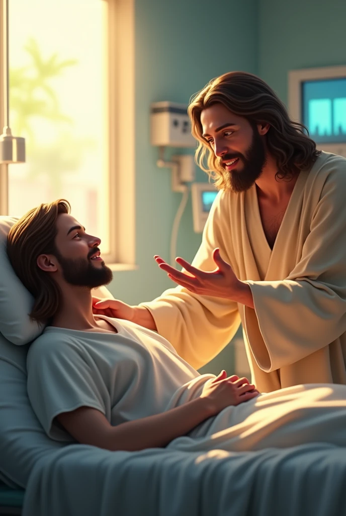 A serene and comforting scene of Jesus visiting a person in a hospital. Jesus is depicted with a gentle, compassionate expression, wearing traditional robes and a soft glow surrounding Him, indicating His divine presence. The patient is lying in a modern hospital bed, connected to medical equipment, with a peaceful look on their face, feeling comforted by the presence of Jesus. The room is softly lit, with some medical equipment in the background, and a window showing a glimpse of a sunny day outside.