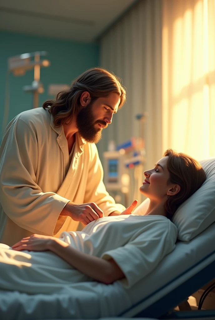 A serene and comforting scene of Jesus visiting a person in a hospital. Jesus is depicted with a gentle, compassionate expression, wearing traditional robes and a soft glow surrounding Him, indicating His divine presence. The patient is lying in a modern hospital bed, connected to medical equipment, with a peaceful look on their face, feeling comforted by the presence of Jesus. The room is softly lit, with some medical equipment in the background, and a window showing a glimpse of a sunny day outside.