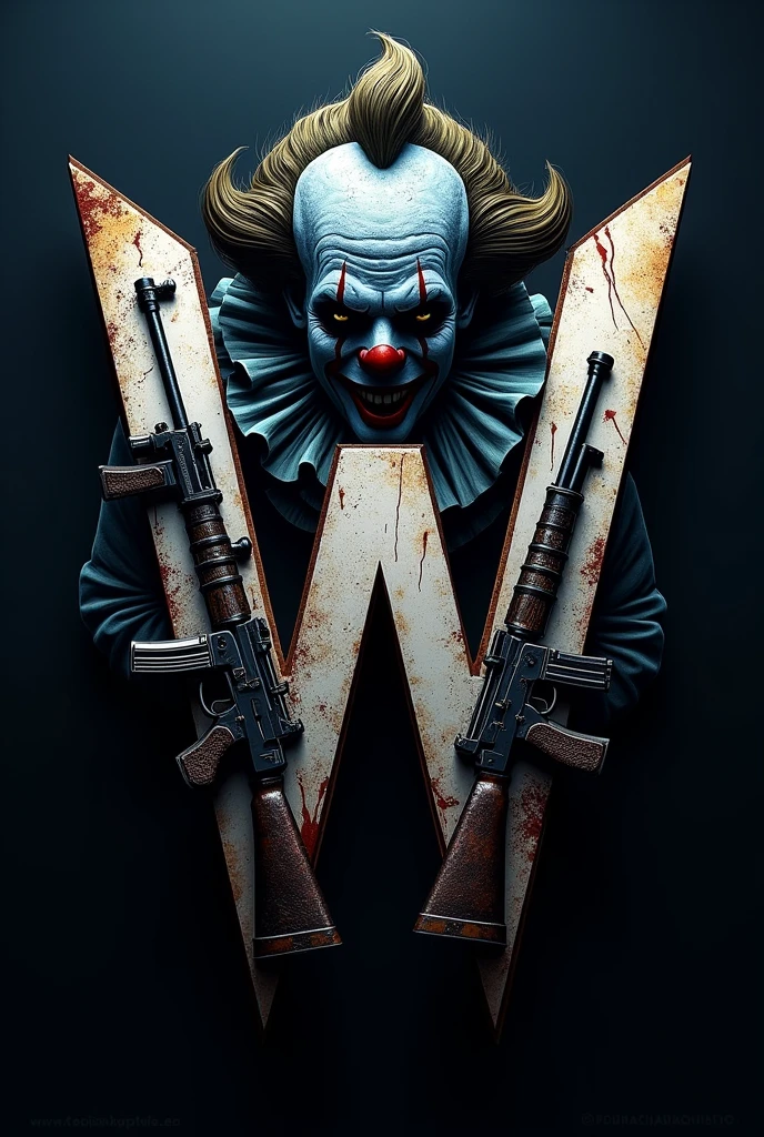 A logo that has the letter W that has blue color, white, Black and gold with a call of duty game theme carrying classic weapons with a bloody and macabre clown behind it