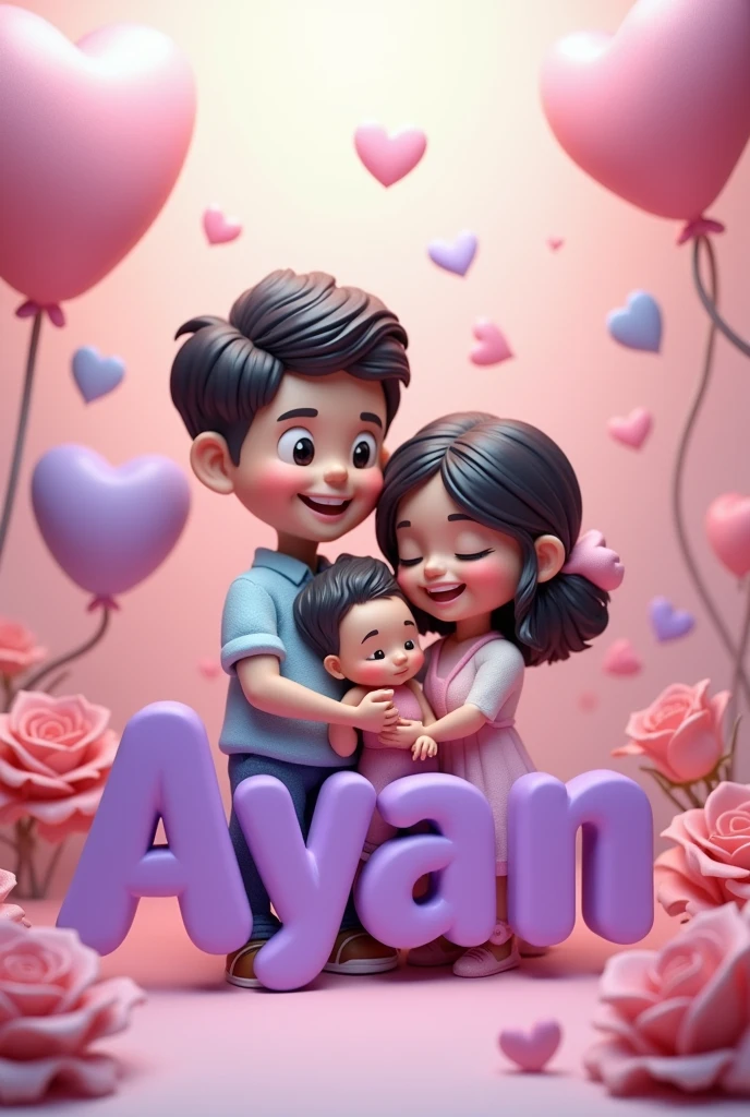 3d family Name art with one pink rose, heart, balloons, stylish font, purple color font, background one baby with mummy Papa,
The name is"Ayan"
