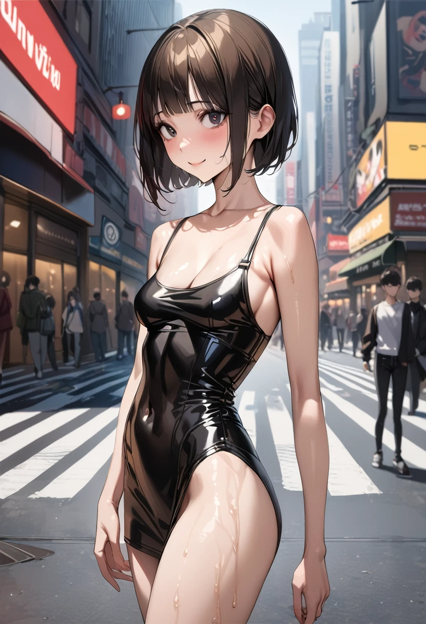 ((masterpiece,best quality anime,Highest quality:1.3)),realistic,upper body,1woman,(30 year old beauty),((very small head:1.4)),((very long body:1.4)),(short bob hair),black hair,(gorgeous big eyes),black eyes,smile,((slender body:1.4,skinny:1.3)),medium breasts(Punk Fashion、Black tank top,navel、Black leather mini skirt),oily skin,gleaming skin,shiny skin,standing,on street,New York City、
