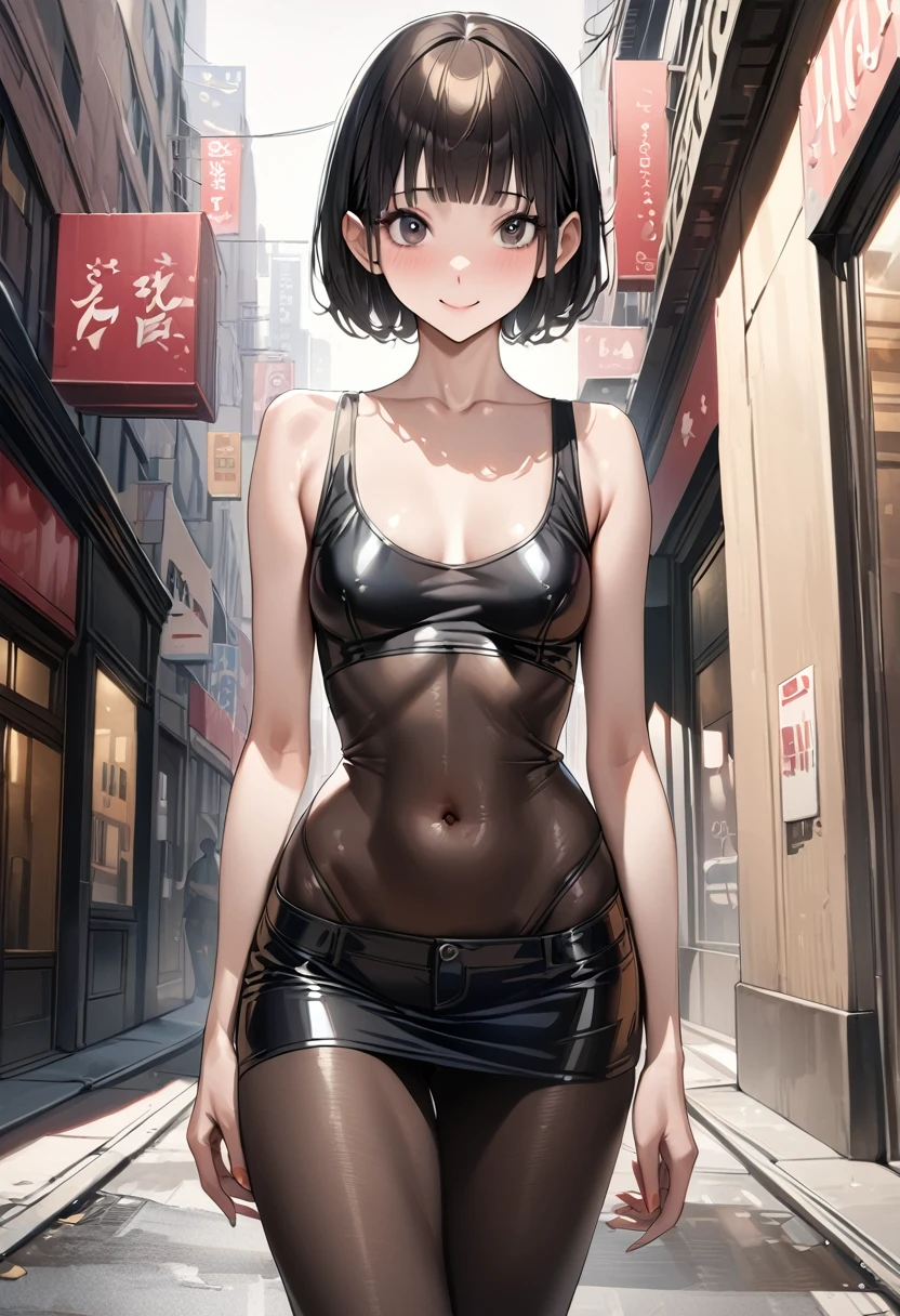 ((masterpiece,best quality anime,Highest quality:1.3)),realistic,upper body,1woman,(30 year old beauty),((very small head:1.4)),((very long body:1.4)),(short bob hair),black hair,(gorgeous big eyes),black eyes,smile,((slender body:1.4,skinny:1.3)),medium breasts(Punk Fashion、Black tank top,navel、Black leather mini skirt),oily skin,gleaming skin,shiny skin,standing,on street,New York City、