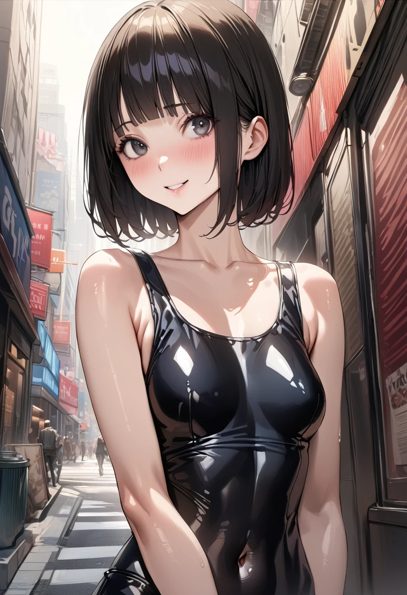 ((masterpiece,best quality anime,Highest quality:1.3)),realistic,upper body,1woman,(30 year old beauty),((very small head:1.4)),((very long body:1.4)),(short bob hair),black hair,(gorgeous big eyes),black eyes,smile,((slender body:1.4,skinny:1.3)),medium breasts(Punk Fashion、Black tank top,navel、Black leather mini skirt),oily skin,gleaming skin,shiny skin,standing,on street,New York City、