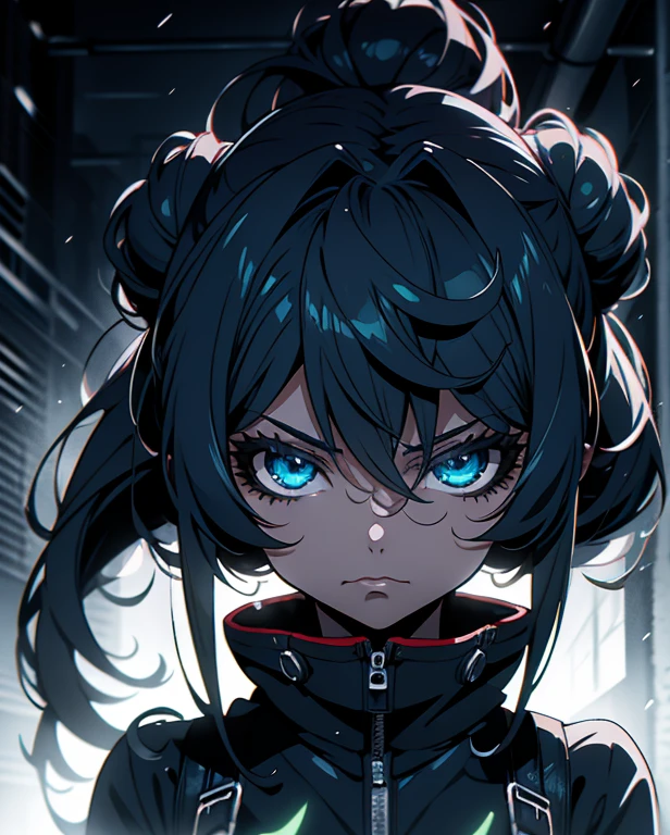 slime girl, (slime), slime hair, double buns hair style, cinematic dark lighting manga anime focused on the look, murderous pose, light coming in focused on the face, dark, weather, masterpiece, anime, menacing gaze, menacing, blood perception, light, sky, anime colors, counterfeit v3 anime style