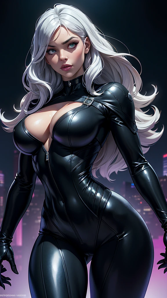 Create a hyper-realistic digital illustration of Black Cat (Felicia Hardy) from Marvel Comics. Depict her in a confident, alluring pose, facing the viewer. Her signature platinum white hair should cascade in voluminous waves around her face and shoulders, with a few strands caught in an imaginary breeze. Dress her in a sleek, black leather catsuit with a plunging neckline trimmed in white fur. The suit should hug her curvaceous figure, emphasizing her athletic build. Include her iconic black domino mask, which accentuates her striking green eyes and full, slightly parted lips. Accessorize with a black choker featuring a silver medallion, and long, white gloves that contrast with the dark suit. Capture the glossy texture of the leather and the soft fluffiness of the fur trim. Set the background as a blurred, neon-lit cityscape at night, with vibrant teals and purples creating a cyberpunk atmosphere. Use dramatic lighting to highlight the contours of her face and body, creating depth and dimensionality. The art style should blend photorealistic rendering techniques with subtle comic book influences, particularly in the dramatic poses and expressions. Pay attention to small details like individual strands of hair, the reflection in her eyes, and the play of light on different textures.