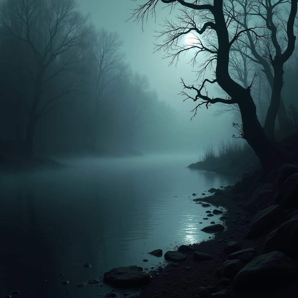 Surroundings of a haunted, frightening lake, ghostly mist around the environment, realisitic, horror style, macabre atmosphere 