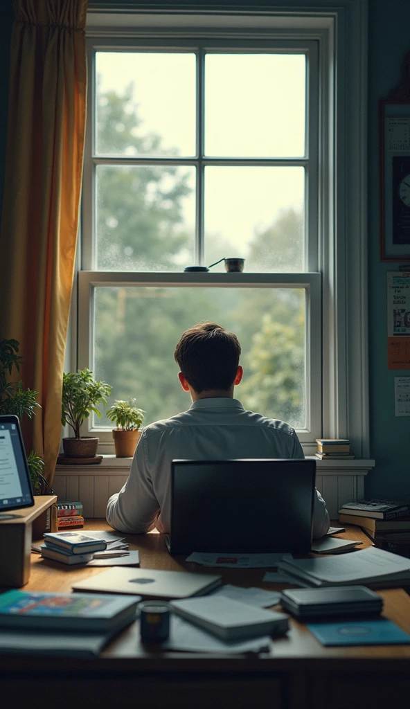 A realistic image of a man looking out of his bedroom window with a lazy expression., with overdue college work. Elements like clock, calendar, graphics. the idea of time running out. the scene refers to the idea of procrastination.