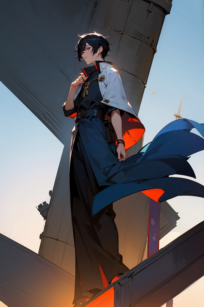 Male, Young adult, Black Hair, Tower Background,