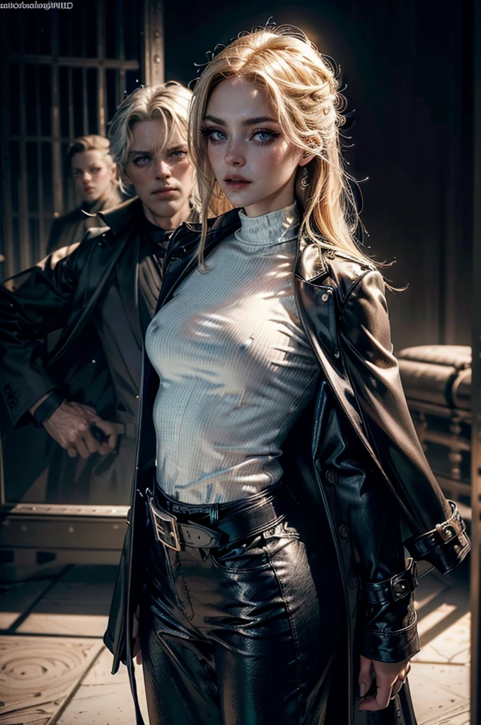 cowboy shot,a pretty 2 girl,blond hair,blue eyes,lora_Emma,slim athletic body,tight and stretched white blouse with buttons,button gap,short sleeves,ultra low rise black shiny latex pants,(double metal belt),empty studiobackground,((black coat on shoulders)),(best quality,4k,8k,highres,masterpiece:1.2),ultra-detailed,(realistic,photorealistic,photo-realistic:1.37),dramatic lighting,cinematic,fashion photography,studio lighting,high contrast,vivid colors,beautiful detailed eyes,beautiful detailed lips,extremely detailed eyes and face,long eyelashes, touching hair