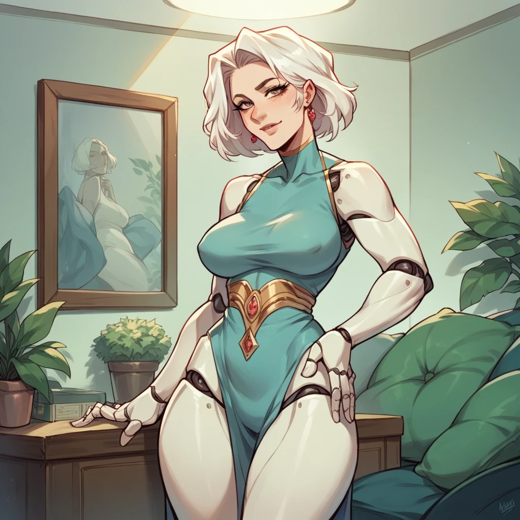 a robot MILF (in her 40s). you just took her out a box and she is now standing in your living room. She has white hair and stares blankly at you. she is wearing motherly clothes.