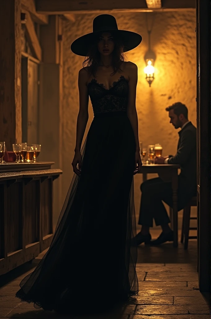 Woman in black leaving a man in the tavern