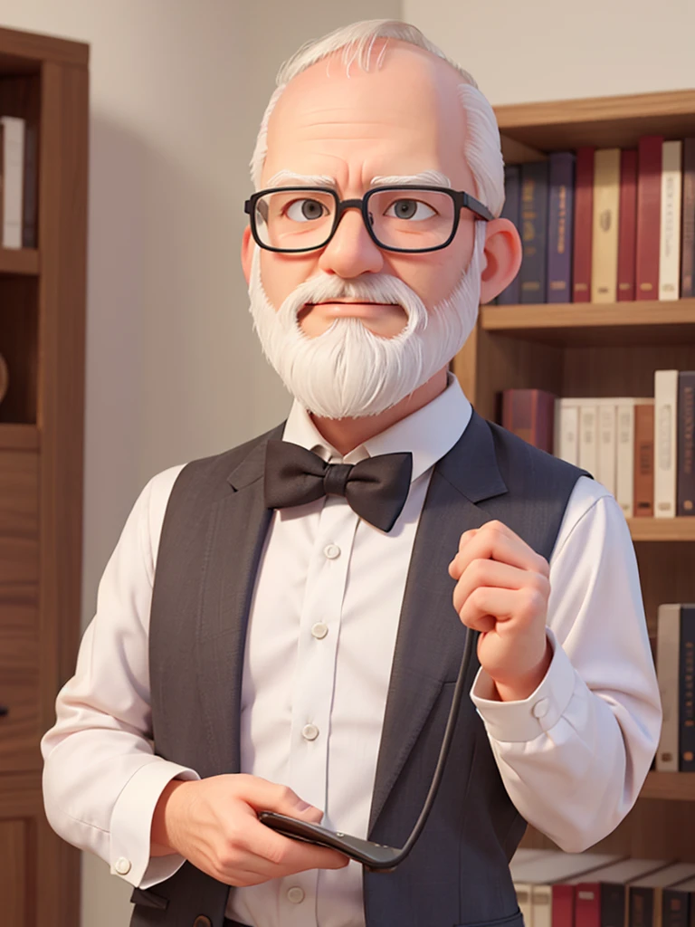 White male in his 50s, little hair, half balding, short white beard, university professor, with glasses, wears a suit and shirt