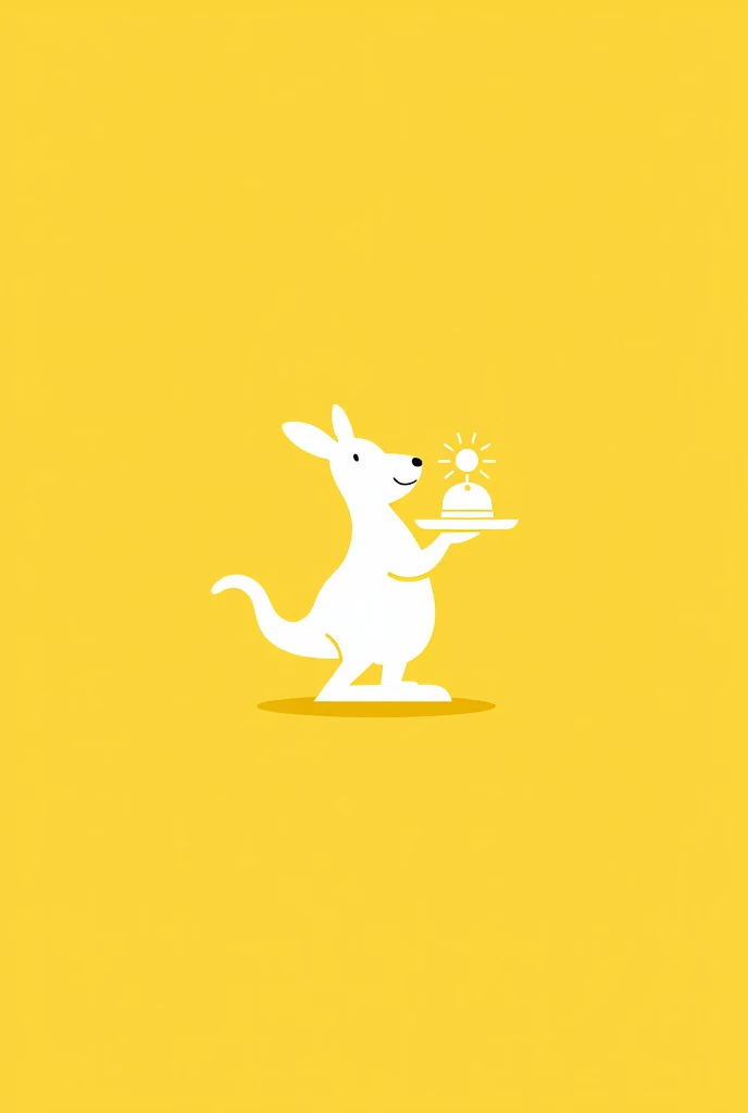 A basic white logo on a yellow background of a kangaroo holding a tray with a sun on it in one hand and an open serving bell in the other hand.