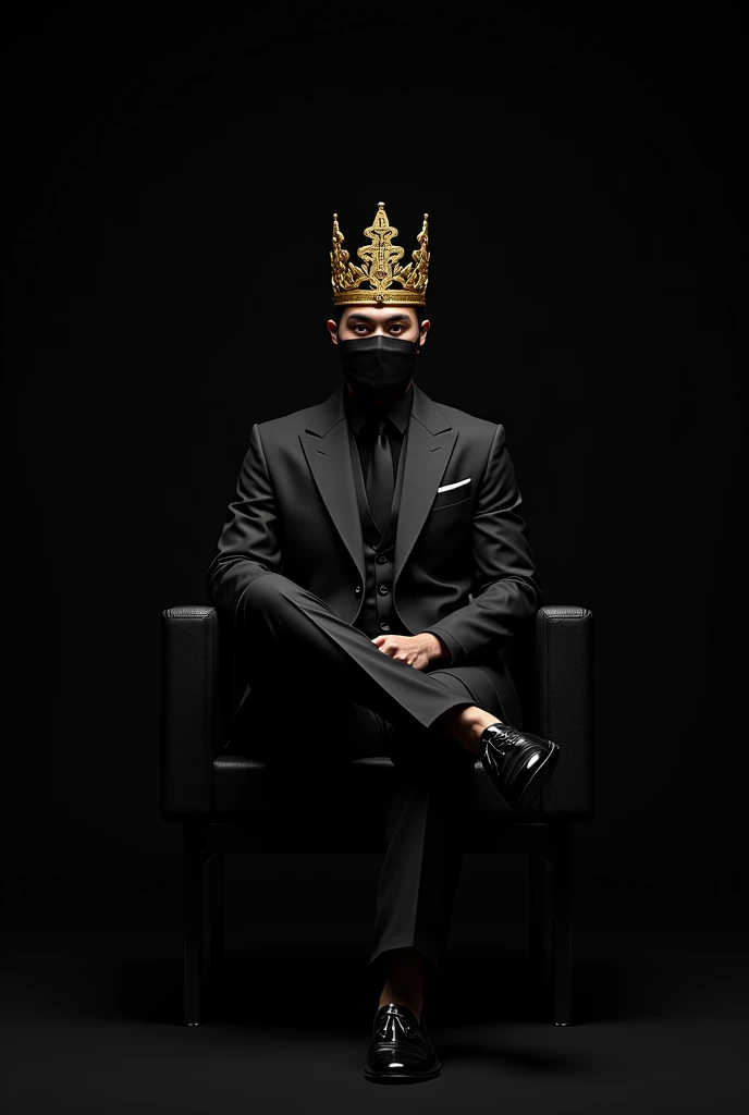 The Malay king has a golden crown, sitting with legs crossed left on a chair with a face wrapped in black dressed in a modern black tuxedo, with black shoes. black background. Samurai sword left side.