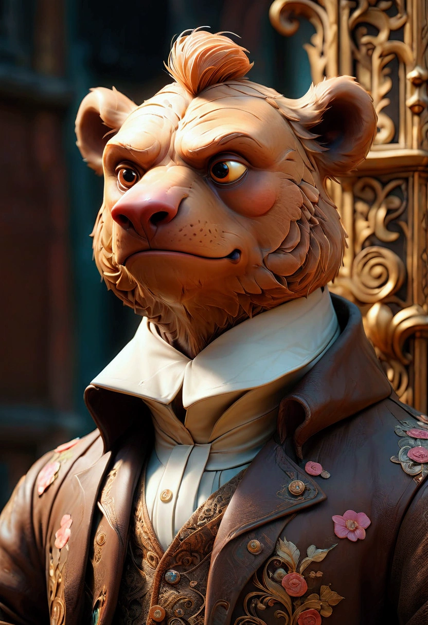 Brown Bear, centered head and shoulder face portrait of a Rococo Gothic filigree brown bear standing on a street, hyperdetailed photoillustration van Gogh Cinema 4D Oil painting Huang Guanjian finalRender lifelike Greg Rutkowski ismail Inceoglu Todd McFarlane Gustave Doré 16K resolution Unreal Engine 5 3D shading Alphonse Mucha Dan Witz hyperdetailed, masterpiece, best quality, very aesthetic, absurdres