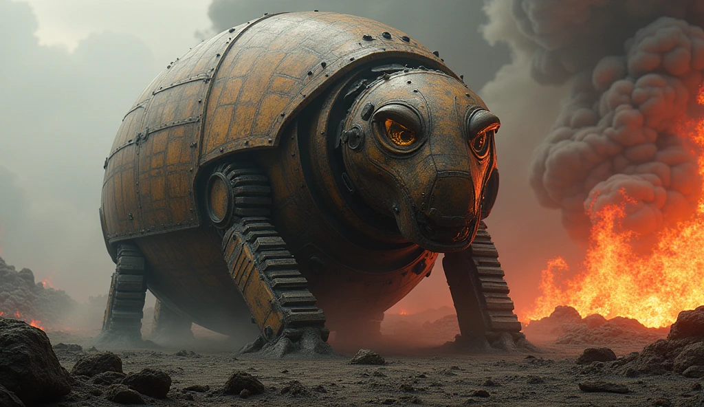 (photorealism:1.2), Tarkus is half World War I tank, half armadillo, born from an egg that appears to have been spewed from a volcano. 