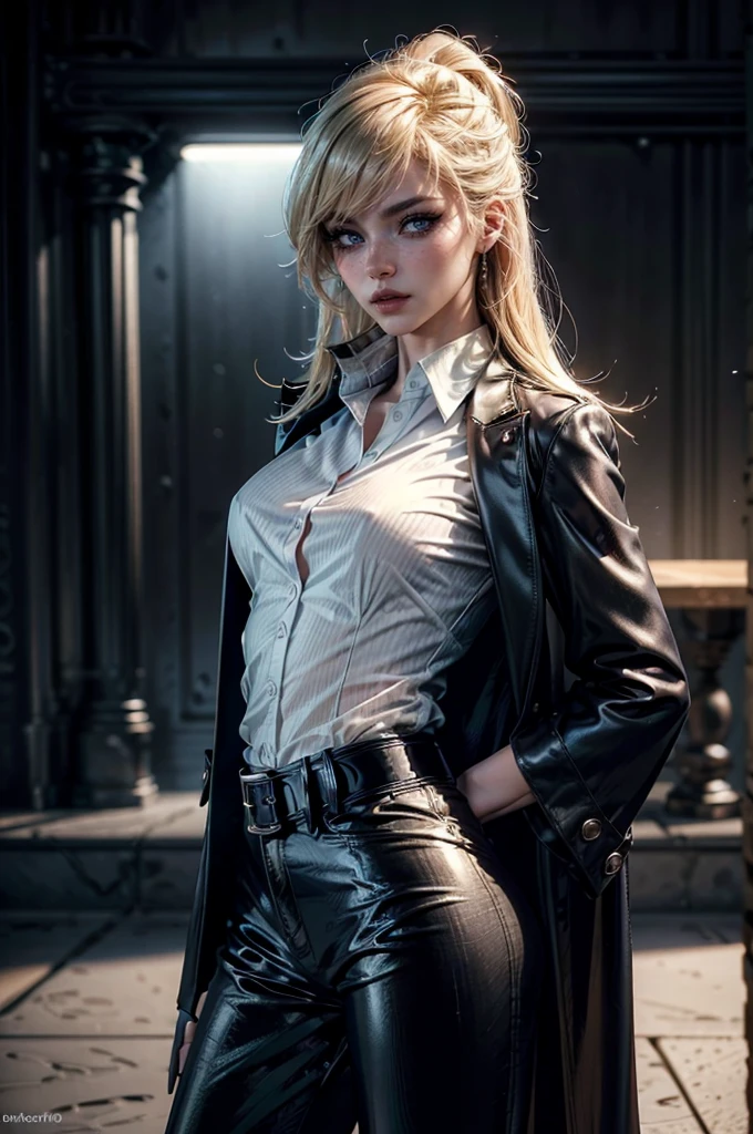 cowboy shot,a pretty 2 girl,blond hair,blue eyes,lora_Emma,slim athletic body,tight and stretched white blouse with buttons,button gap,short sleeves,ultra low rise black shiny latex pants,(double metal belt),empty studiobackground,((black coat on shoulders)),(best quality,4k,8k,highres,masterpiece:1.2),ultra-detailed,(realistic,photorealistic,photo-realistic:1.37),dramatic lighting,cinematic,fashion photography,studio lighting,high contrast,vivid colors,beautiful detailed eyes,beautiful detailed lips,extremely detailed eyes and face,long eyelashes, touching hair